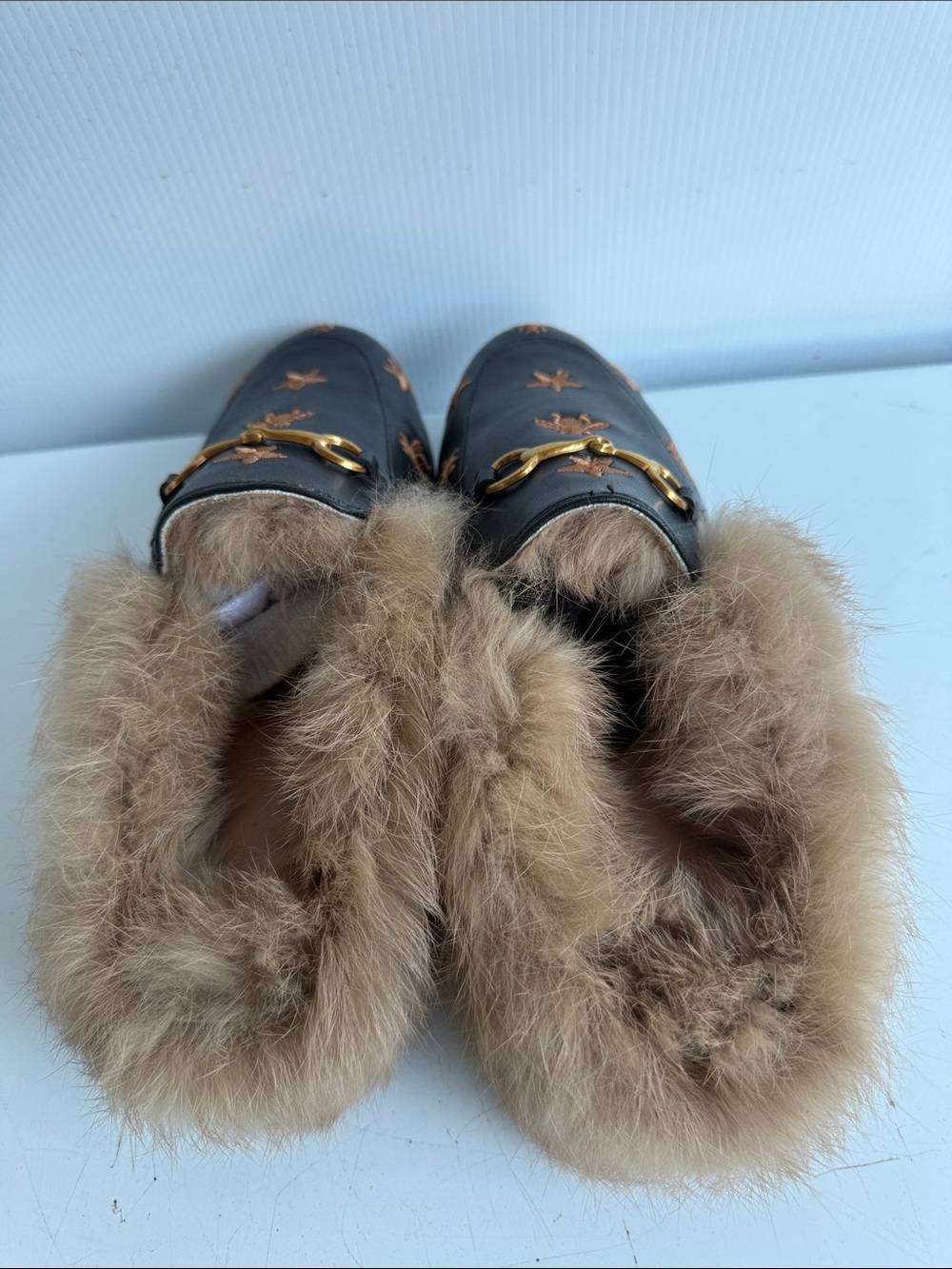 Faux Fur Lined Luxury Slippers Mules Horsebit Buckle Bees Stars US 9.5 EU 40 - Picture 4 of 7